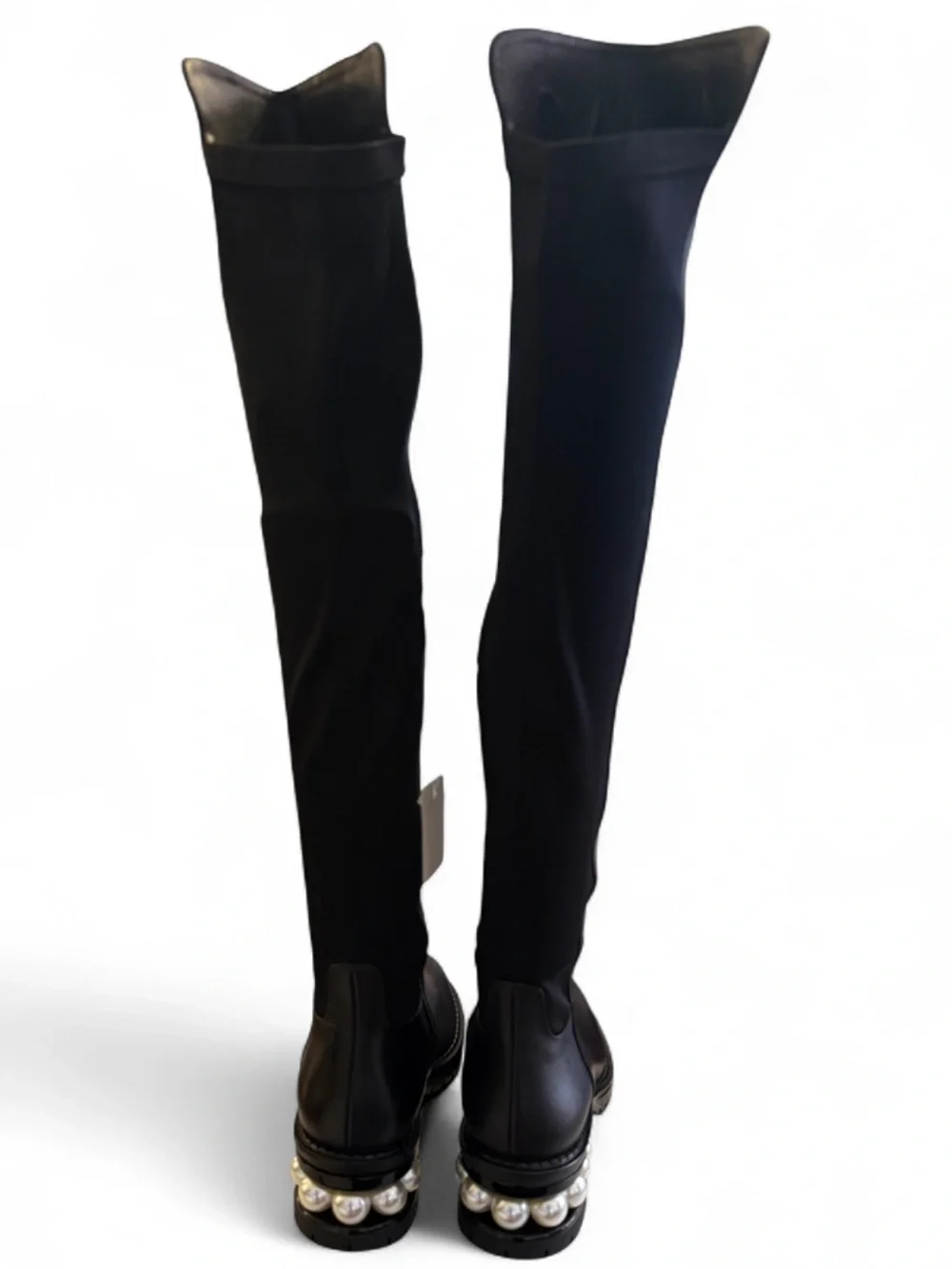 Vinci Valeria Pearl-Accent Over-the-Knee Leather Black Boots